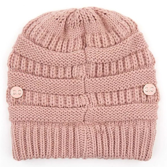 C.C Exclusive Women Ribbed Knit Solid Color Beanie Hat with Button for Mask - Picture 2 of 7